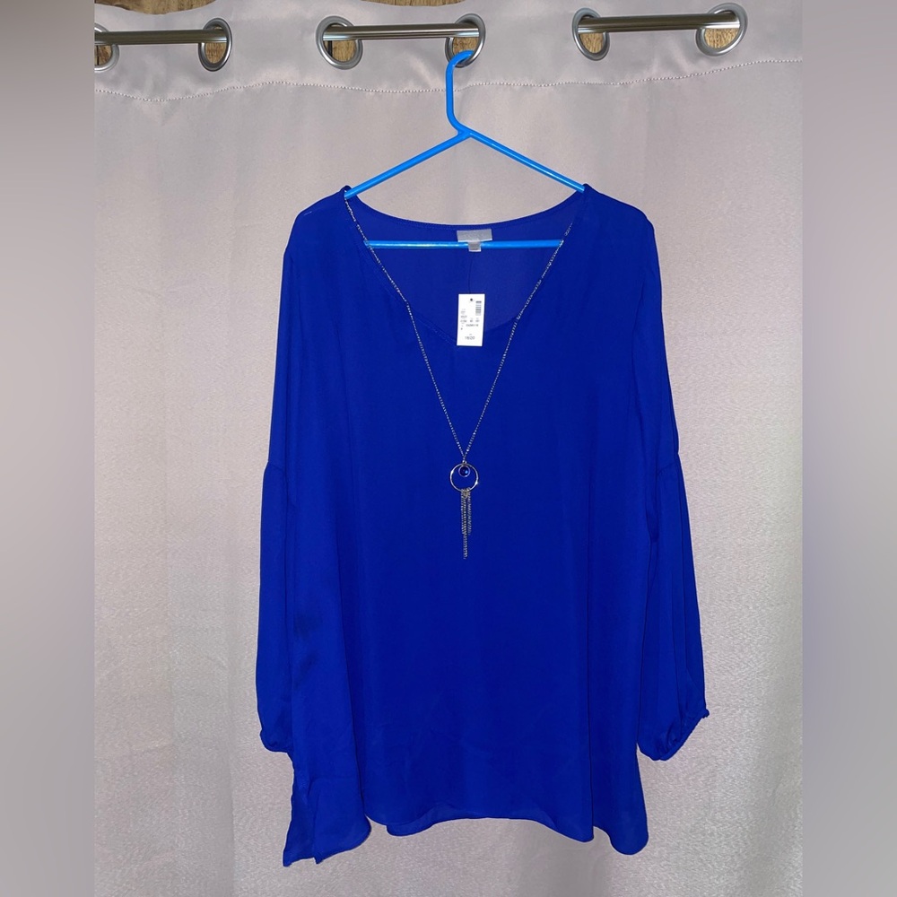 Avenue Royal Blue Women's Chiffon Blouse with Necklace